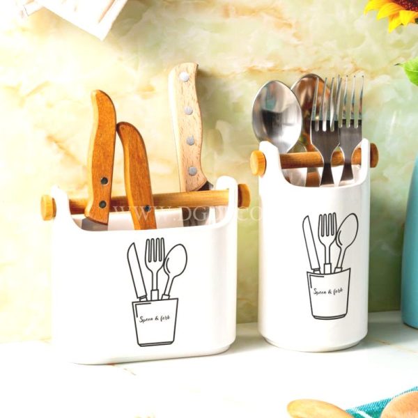 استند سرامیکی سفید جاقاشقی با درپوش چوبی طبیعی