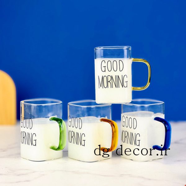 فنجان پیرکس گود مورنینگ مکعبی دسته رنگی وارداتی